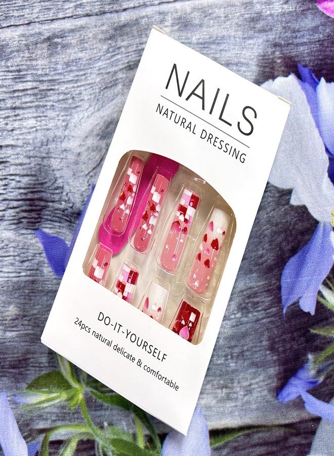 CJDLTS Valentine's Press on Nails Long Length Valentine's Acrylic Nails 3D Pink Red Love Heart Design Full Cover Glue on Nails Glossy False Nails Valentines Stick on Nails for Women Holiday Nails - Image 4
